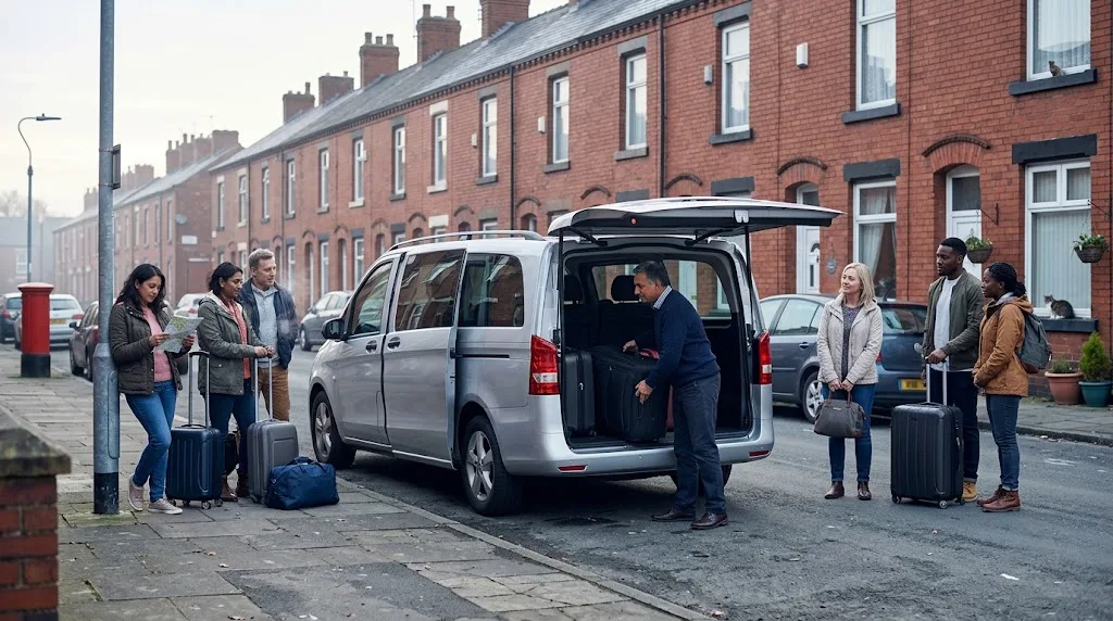 8-Seater Minibus for Manchester Airport Transfers from Rochdale Silver 8-seater minibus being loaded with holiday suitcases for a group airport transfer in Rochdale