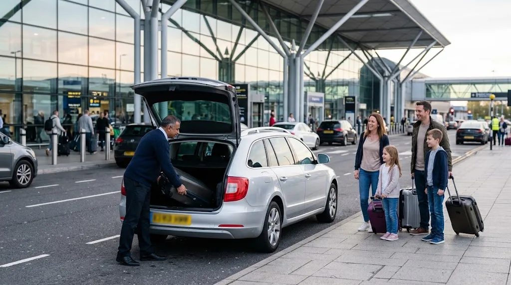 Manchester Airport Taxi Terminal Drop-Off Private hire driver unloading suitcases from a silver estate car at the Manchester Airport terminal drop-off