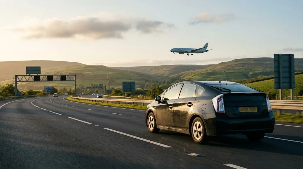 Rochdale to Manchester Airport Taxi Journey Black private hire saloon on the motorway towards Manchester Airport with a plane coming in to land